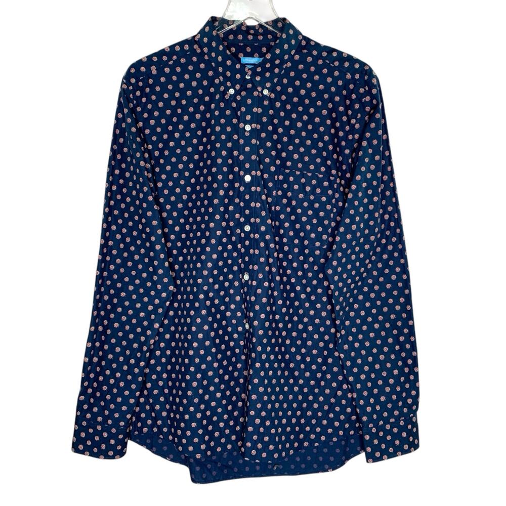 J Mclaughlin L Modern Fit Navy Print Button Front Shirt Long Sleeves Preppy